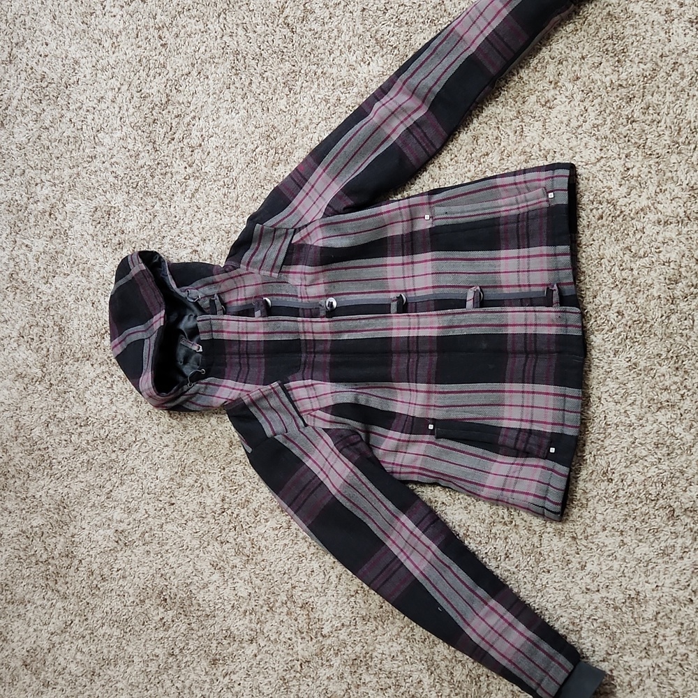 Columbia Black and Purple Plaid Hooded Jacket